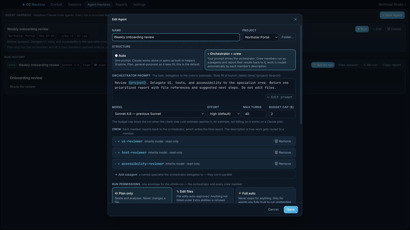 The Agent Harness with a configured crew and a completed run report