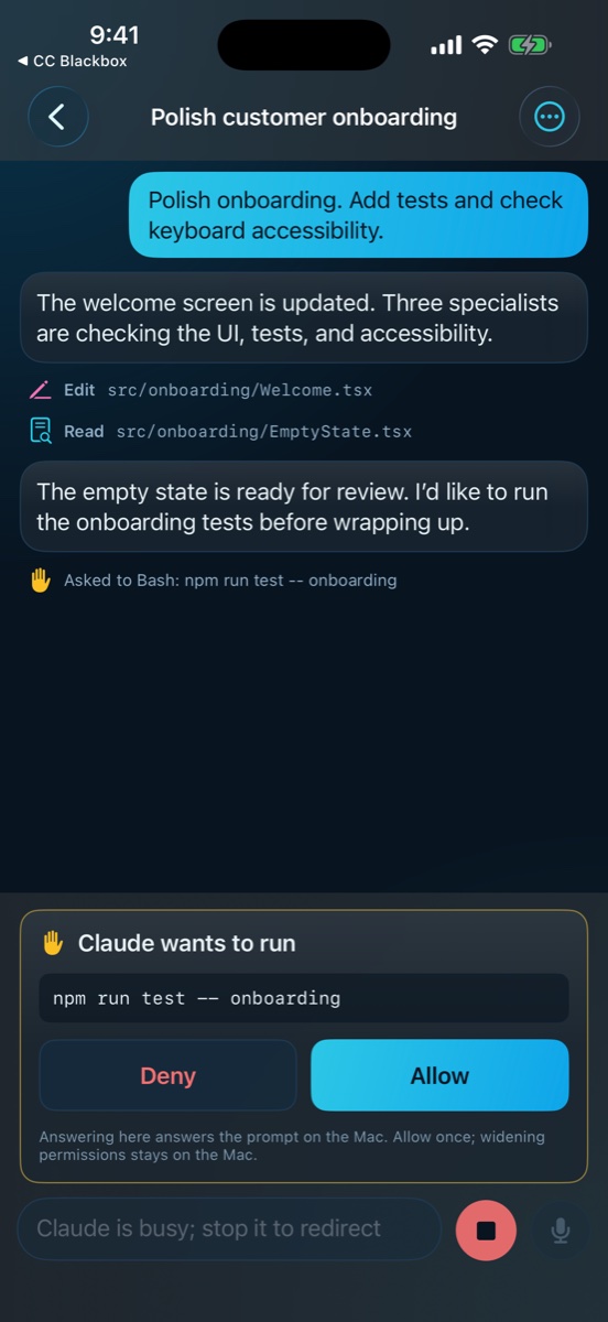 The iPhone app showing a permission request from a session running on the Mac, with Deny and Allow buttons