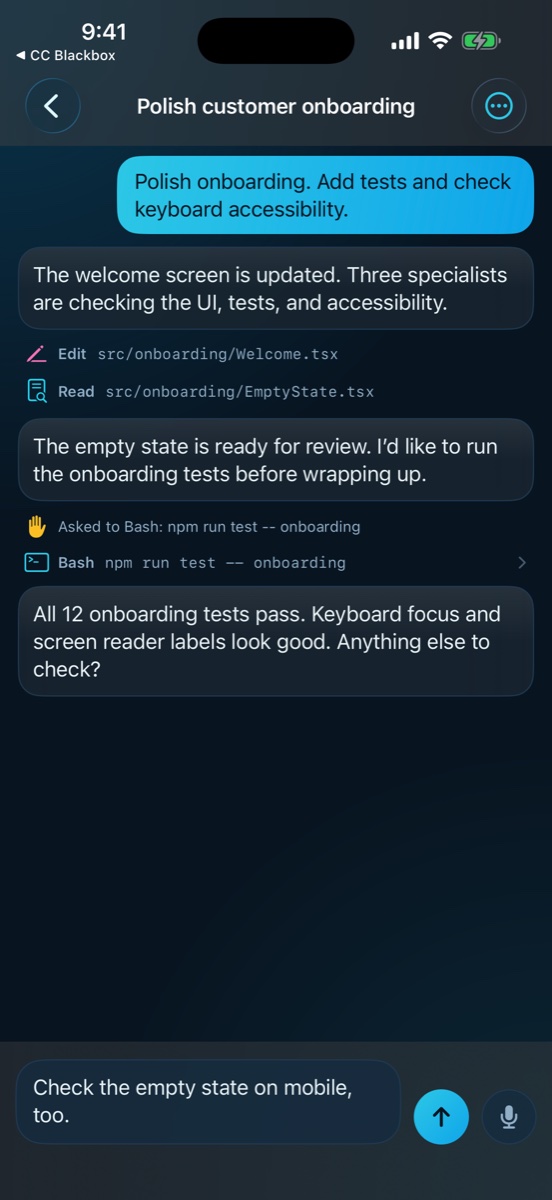 The iPhone app with a prompt typed to a session running on the Mac