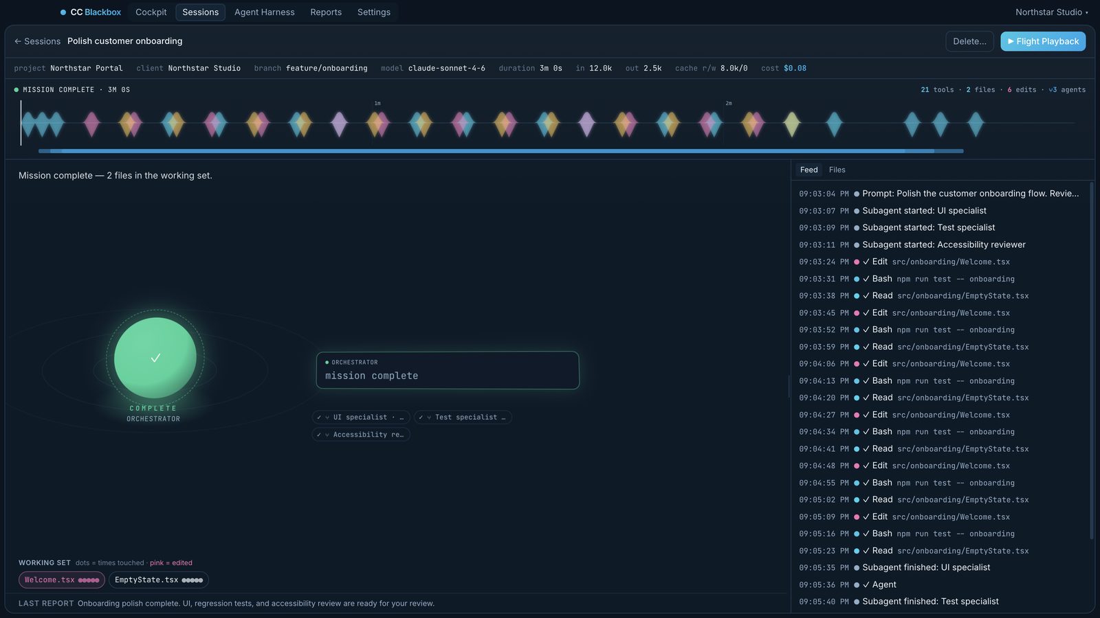 A recorded session: the activity timeline across three minutes, the orchestrator and its three specialists, the working set, and the event feed, with Flight Playback one click away